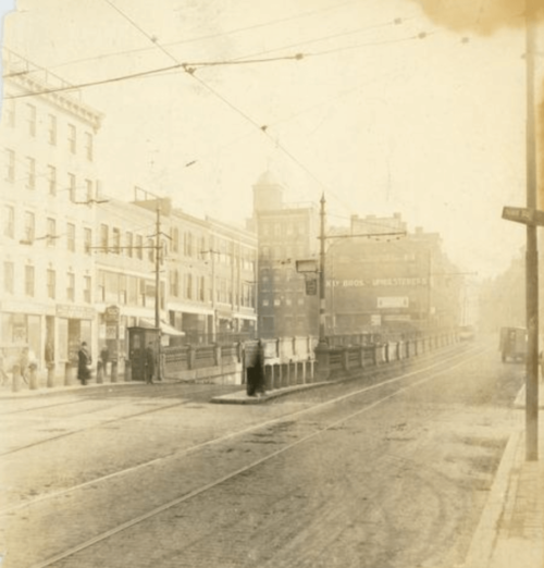 An old photograph of Cambridge Street showing a portal in the ground for a railway incline.