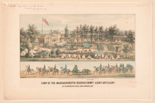Print shows two scenes: upper scene - soldiers in camp with several horses, wagons, and cannons; lower scene - soldiers riding on horseback.