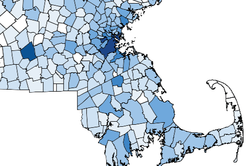 Massachusetts_Towns_by_Population_(2020_census) Heat map showing Massachusetts population by town, with most concentration around greater Boston and Worcester.