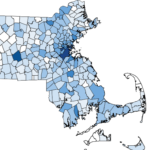 Heat map showing Massachusetts population by town, with most concentration around greater Boston and Worcester.
