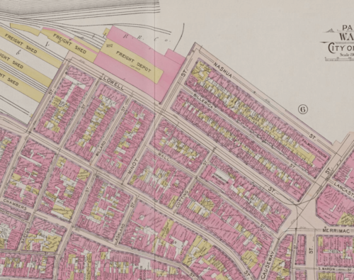A street map from 1898, showing part of the West End. Nashua and Minot Streets are pictured.