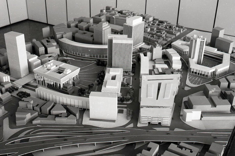 Boston Government Service Center, Boston, Massachusetts.  Photo A 3-D model for Boston's Government Center, showing roads and concrete buildings.
