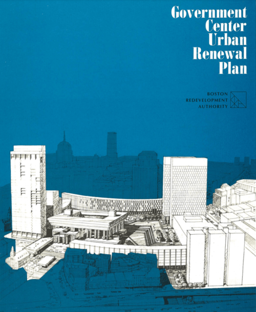 The front page of a blue book, which shows a plan of buildings and the title "Government Center Urban Renewal Plan."