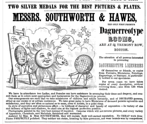 An 1848 advertisement reading "Messrs. Southworth & Hawes." It is illustrated with drawing of the sun painting a portrait of the globe.