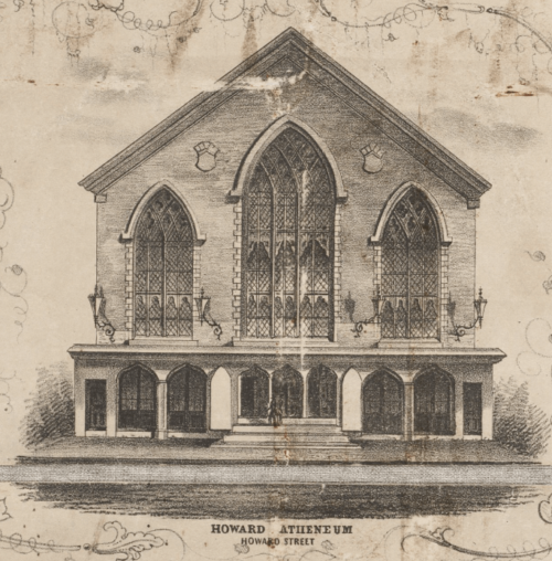 A black and white print showing a large theater exterior, dominated by looming stained-glass windows beneath pointed arches.