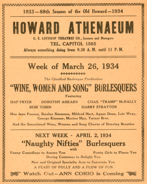 A theater playbill from 1934 reading "Howard Athenaeum" at the top, advertising burlesque and other performances.