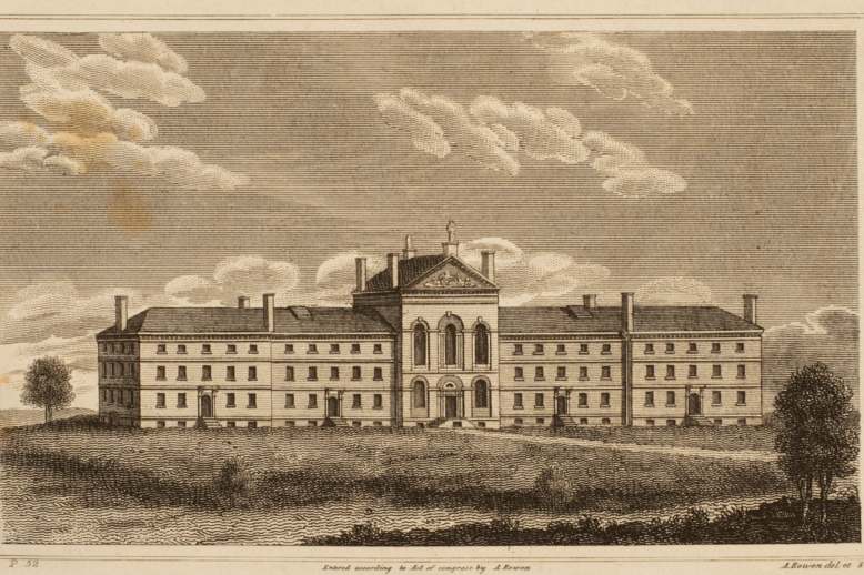 Leverett_ST_Almshouse (1840-1850)(HNG) lithograph showing the front of a four story brick building, lined with windows and topped with 11 chimneys. The building is surrounded by grass and a few trees.