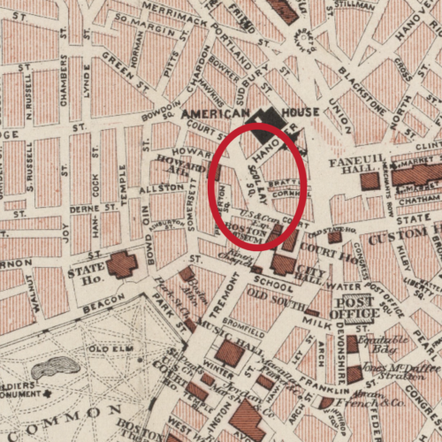 An 1883 map of Boston city streets, with "Scollay Square" circled in red.