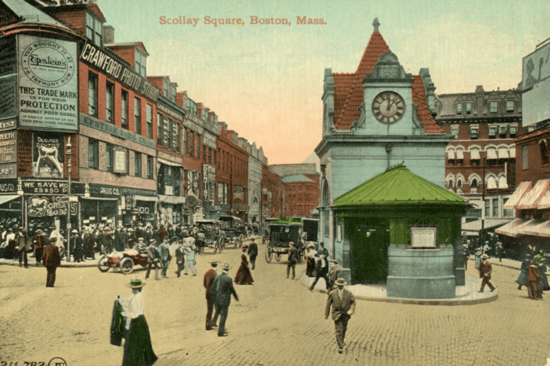 Scollay Square Postcard A brightly colored postcard showing a bustling city square with businesses and people walking.