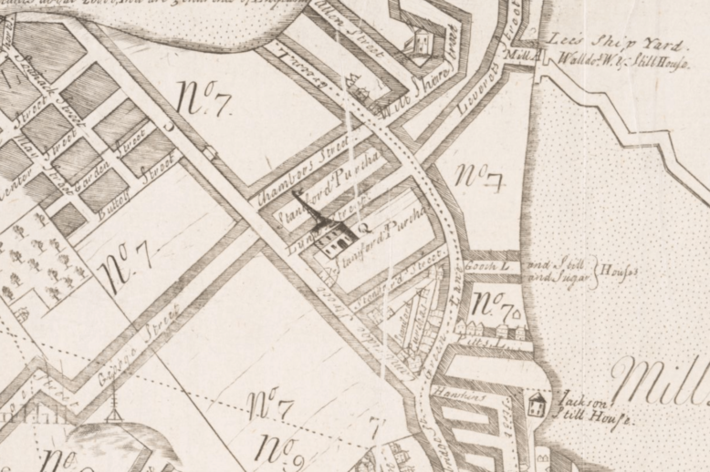 1743 Map of Boston An eighteenth century drawn map, showing streets, pastures, and a church at the corner of Cambridge and Lynde streets.