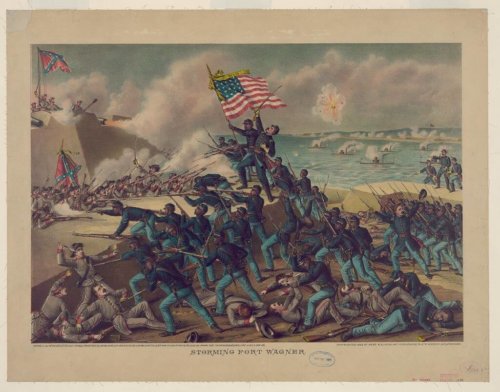 A print showing two military groups fighting each other, one dressed in navy and the other in gray. The group in navy is made up primarily of African American people, who hold an American flag.