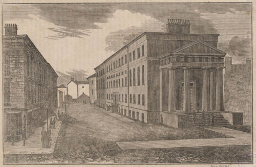 A print of a large courthouse building, four stories tall with a classical portico and pediment at the front.
