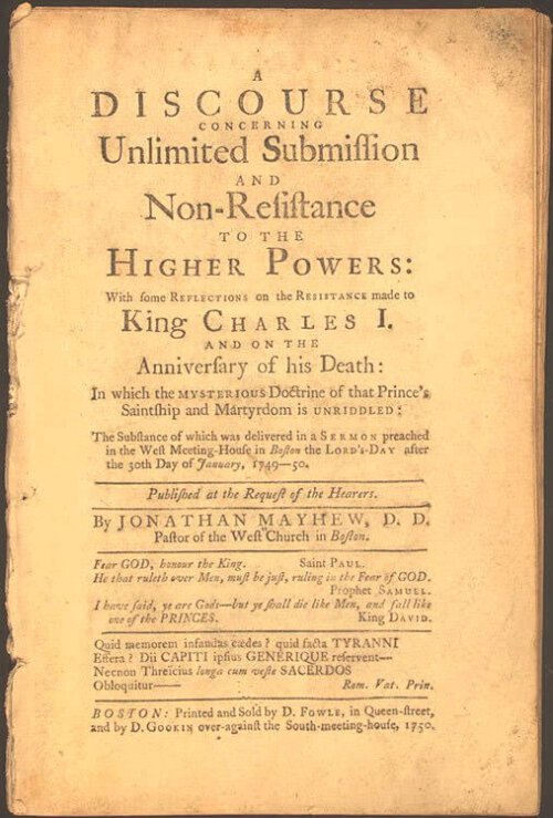 An eighteenth century piece of parchment, with text titled "Discourse Concerning Unlimited Submission."