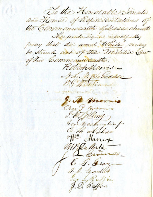 A 1854 parchment page. It is a petition to remove the word “white” from the Massachusetts militia law, with Robert Morris’s signature.