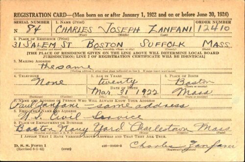 A draft card for WWII, filled out by "Charles Joseph Zanfani"