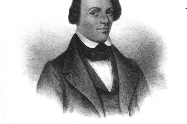 A lithograph of a young man wearing a suit, labelled "George Latimer."