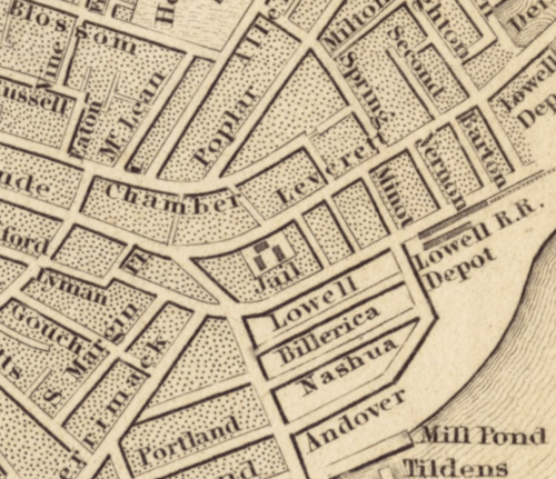 A nineteenth century map showing streets of West Boston. A jail, composed of three buildings and labelled, is drawn on Leverett Street.