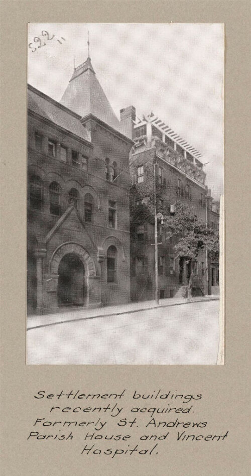 A black and white photograph of two brick buildings. The one on the left has Gothic features, and the other a roofgarden.