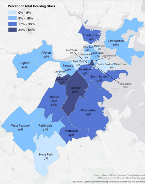 A map showing neighborhoods' percentage of income-restricted housing compared to the total housing. The West End's is on the lower end, at 16%.