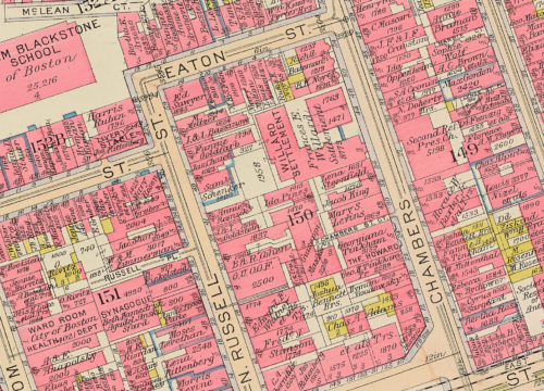 A street map showing a block in Boston. It is bounded by Chambers, Eaton, and N. Russell Streets, and house a large building labelled "Willard Settlement."
