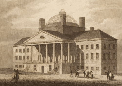 A print of a large neoclassical, with columns, a pediment, and a dome. People stand in front of it in a field, some of them carrying a stretcher.