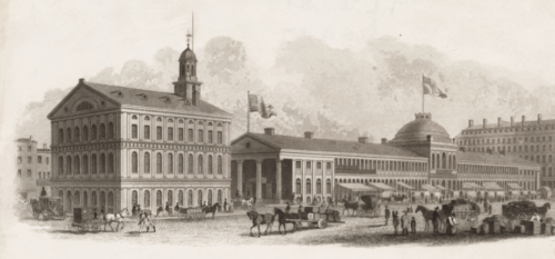 A print of two large neoclassical buildings, surrounded by the bustle of people and horses.