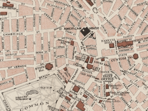 An 1883 street map of Boston, showing the West End and part of the Boston Common. "Bowdoin Square" is labelled at the intersection of Cambridge and Court streets.