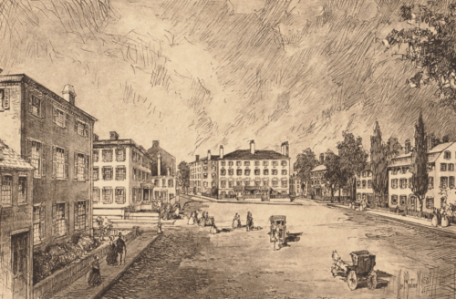 A drawing of a nineteenth-century city square. Houses look inwards to an open space, where there are horse-drawn carriages.