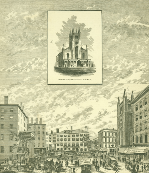 An engraving of a city square, with buildings on the outside and people and carriages in the center. There is an inset showing a church.