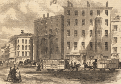 A drawing of a nineteenth-century Boston square, made up of 5-story buildings. People walk around, and horse pull carriages on rails.