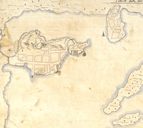 A map from the late seventeenth century, showing a peninsula with rectangular plots on it jutting out into a harbor.