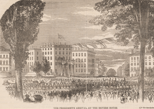 An engraving of a large crowd surrounding a neoclassical hotel.