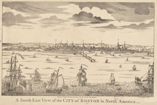 A print of a view of Boston from 1730, showing many ships in the foreground, and the outline of Boston (with chapels and a long wharf) in the background.