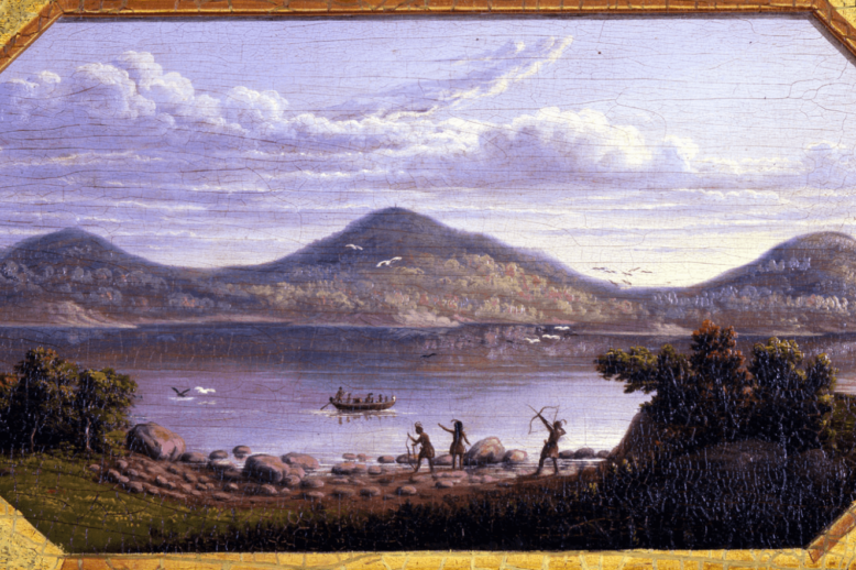 Trimount in 1630 An oil painting of a harbor and three mountains in the background. Native American people shoot a bow and arrow and row a boat.