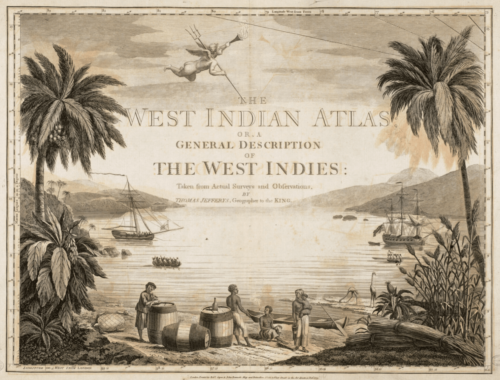 A black and white print showing a beach of an island, covered with palm trees and Caribbean flora. Enslaved Africans are on the beach, as are barrels and sugar cane.