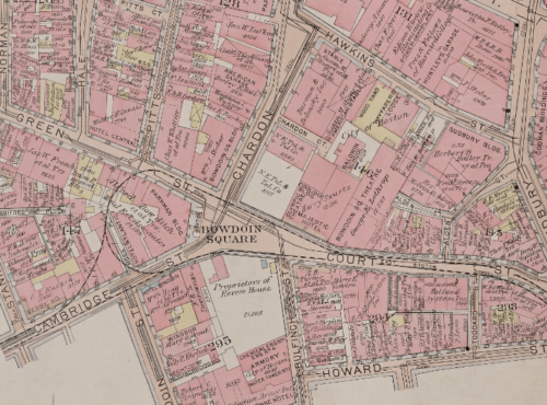An aerial street map, showing blocks in a pink-ish red, and Bowdoin Square labelled at the intersection of Cambridge and Court streets.