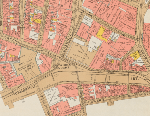 An aerial street map, showing blocks in a pink-ish red, and Bowdoin Square labelled at the intersection of Cambridge and Court streets. Cambridge street is wider than in the 1922 Bromley Street Atlas.