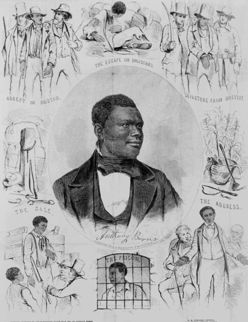 An engraving showing a portrait of a Black Man, surrounded by events from his life, including capture and return to Virginia.