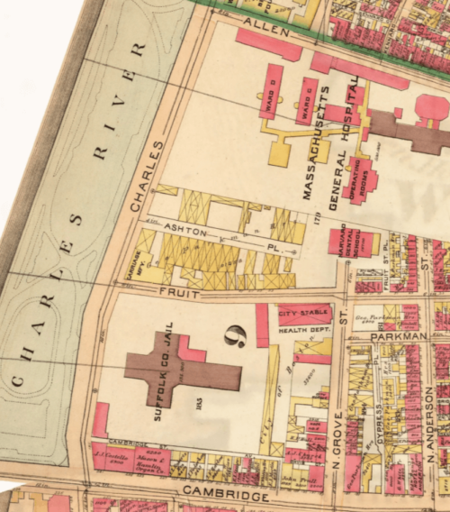 A colored aerial street map, showing the cruciform-style Suffolk County Jail next to the Charles River and Mass General Hospital.