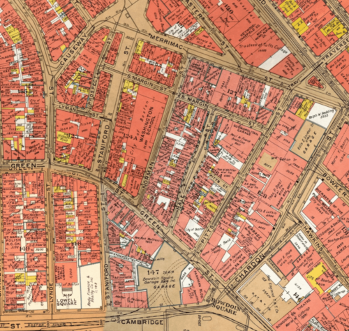 An aerial street map of the West End of Boston.