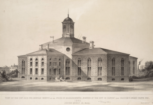 A black and white drawing of cruciform-layout building, filled with large arched windows and topped with a central rotunda.