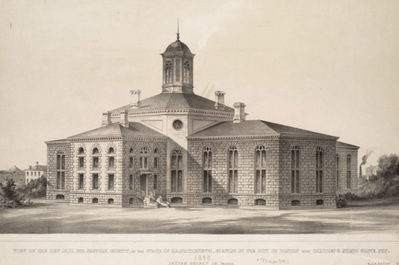 Charles Street Jail, 1848 A black and white drawing of cruciform-layout building, filled with large arched windows and topped with a central rotunda.