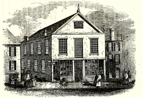 An engraving a a three story church buildings. People in long dresses walk and stand outside.