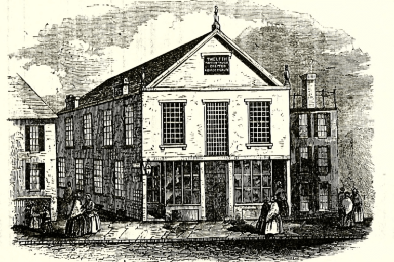 Church of the Fugitive Slave An engraving a a three story church buildings. People in long dresses walk and stand outside.