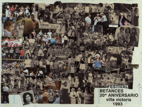 A collage labelled: "Festival Betances. 20 Aniversario. villa victoria. 1993." The photographs show people of all ages talking, playing, and performing.