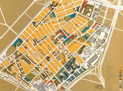 An aerial map of an urban renewal plan, showing blocks color-coded by commercial and residential.