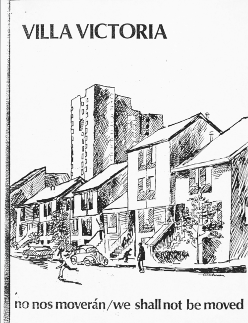 A pamphlet cover reading: "VILLA VICTORIA. no nos moveran/we shall not be moved." In the middle, there is a handdrawn image of buildings, with people walking and running on the street.
