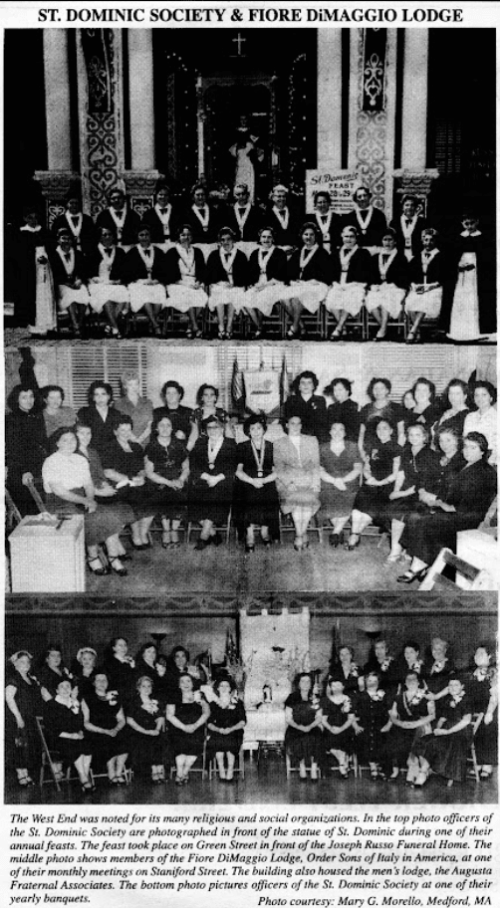 An excerpt from a newsletter showing three black and white photographs of groups of seated women. The caption explains that the women were part of various Italian social groups in the West End.