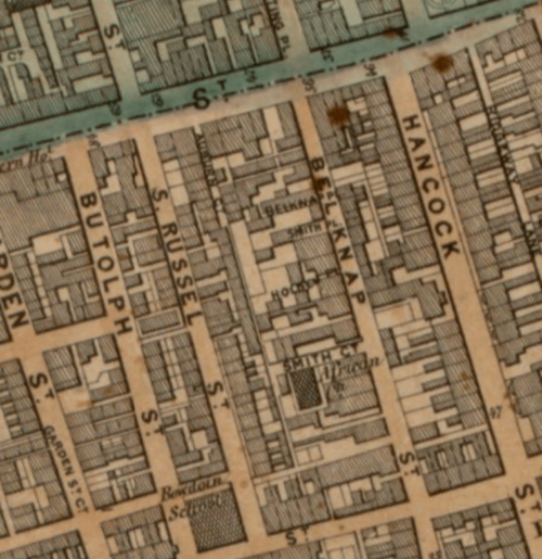 An aerial street map showing a dark square off of Smith Court labelled "African."