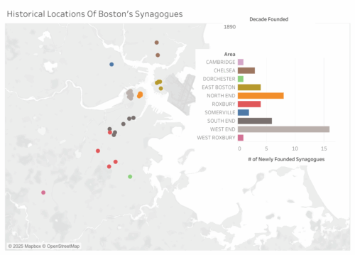 A map showing the number of synagogues by neighborhood that were added in the decade of the 1890s. The West End has the highest concentration.
